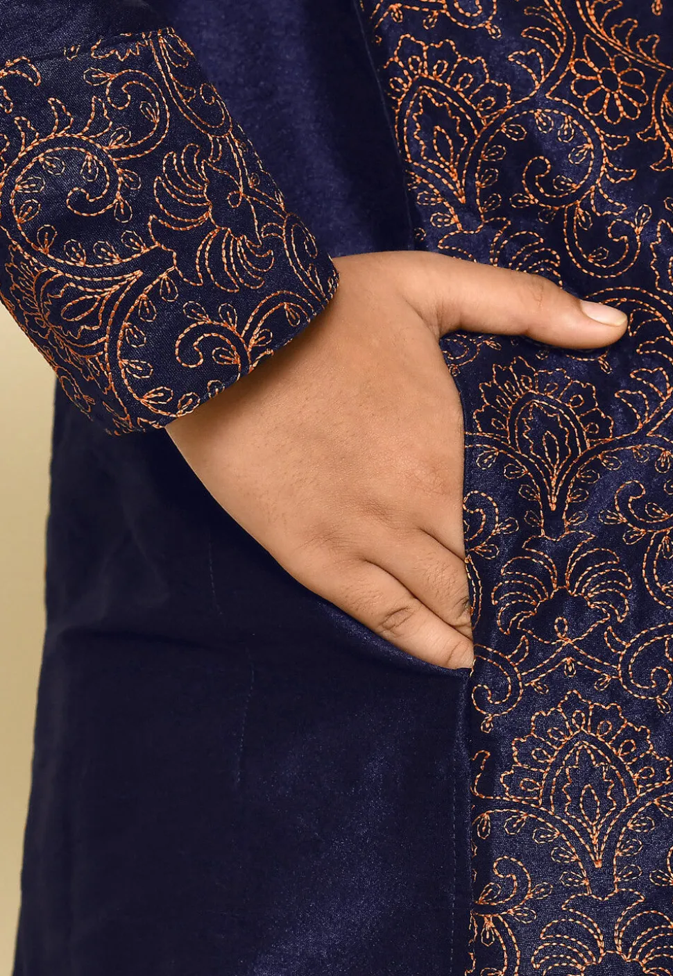 Embroidered Dupion Silk Kurta in Navy Blue