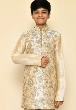 Embroidered Dupion Silk Kurta in Light Beige