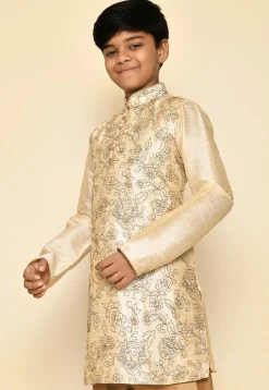 Embroidered Dupion Silk Kurta in Light Beige