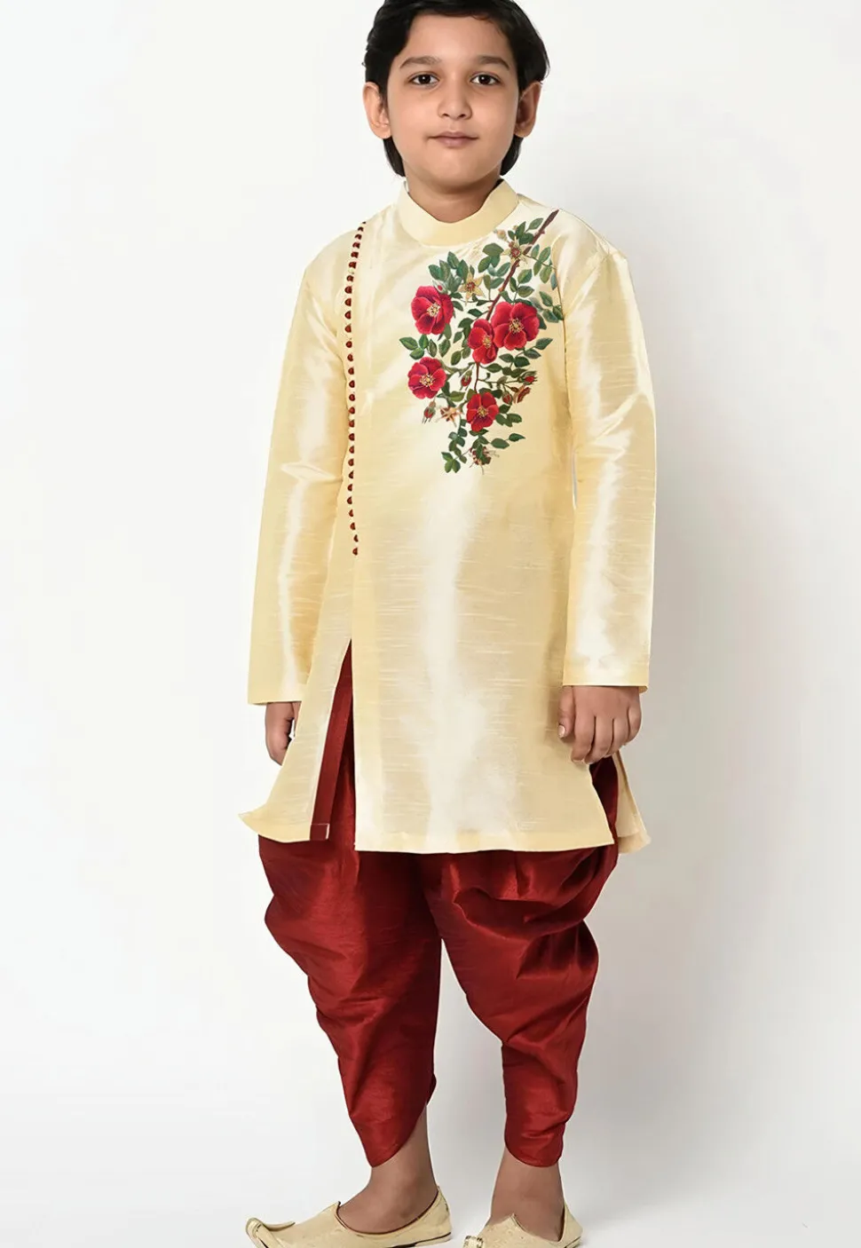 Embroidered Dupion Silk Kurta Set in Cream