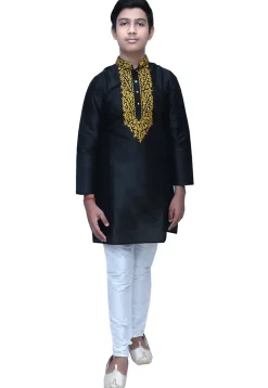 Embroidered Dupion Silk Kurta Set in Black