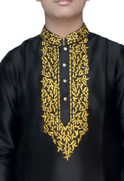 Embroidered Dupion Silk Kurta Set in Black