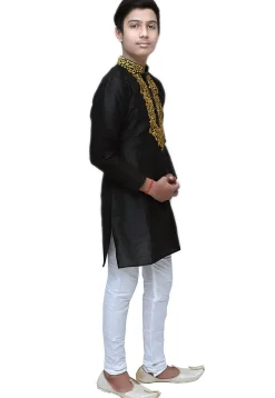 Embroidered Dupion Silk Kurta Set in Black
