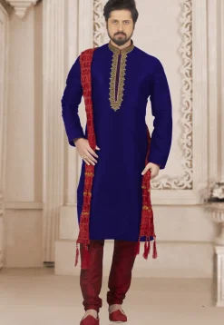 Embroidered Dupion Silk Kurta Set in Royal Blue