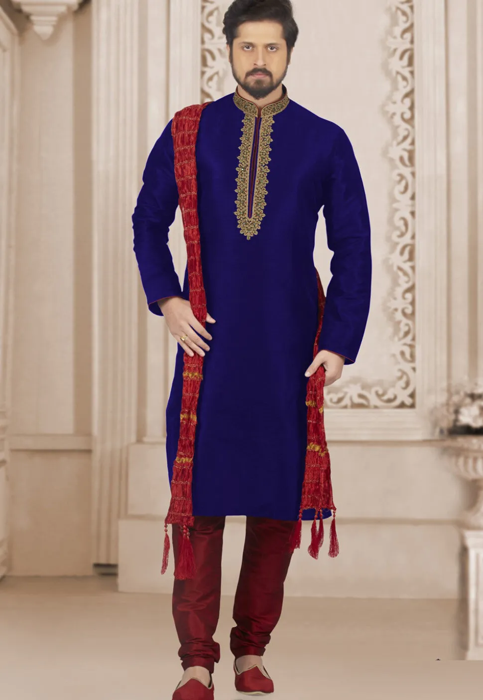 Embroidered Dupion Silk Kurta Set in Royal Blue