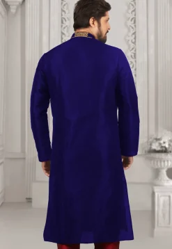 Embroidered Dupion Silk Kurta Set in Royal Blue