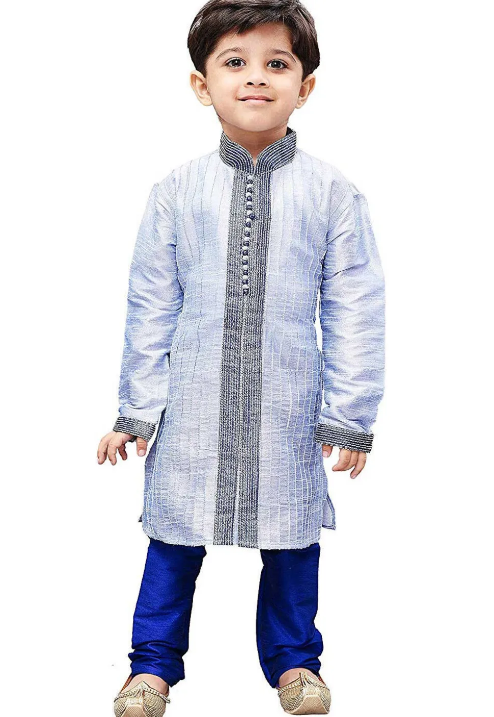 Embroidered Dupion Silk Kurta Set in Light Blue