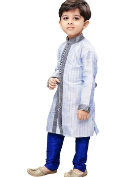 Embroidered Dupion Silk Kurta Set in Light Blue