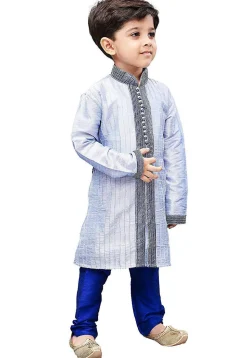 Embroidered Dupion Silk Kurta Set in Light Blue