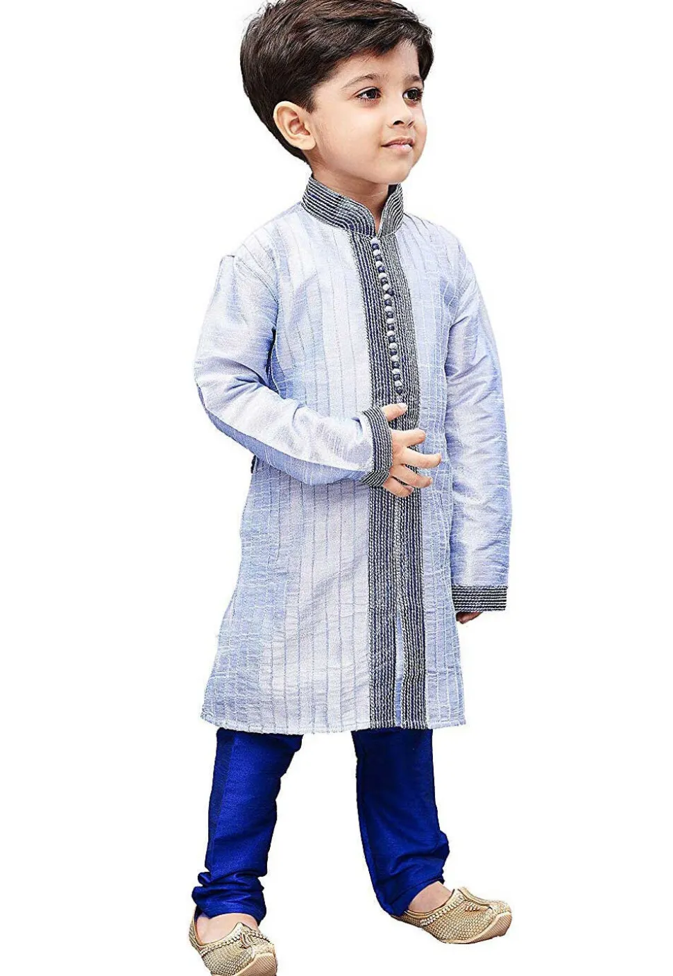 Embroidered Dupion Silk Kurta Set in Light Blue