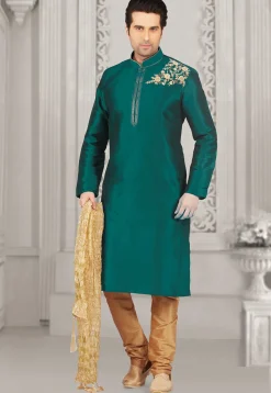 Embroidered Dupion Silk Kurta Set in Teal Green