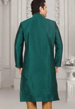 Embroidered Dupion Silk Kurta Set in Teal Green
