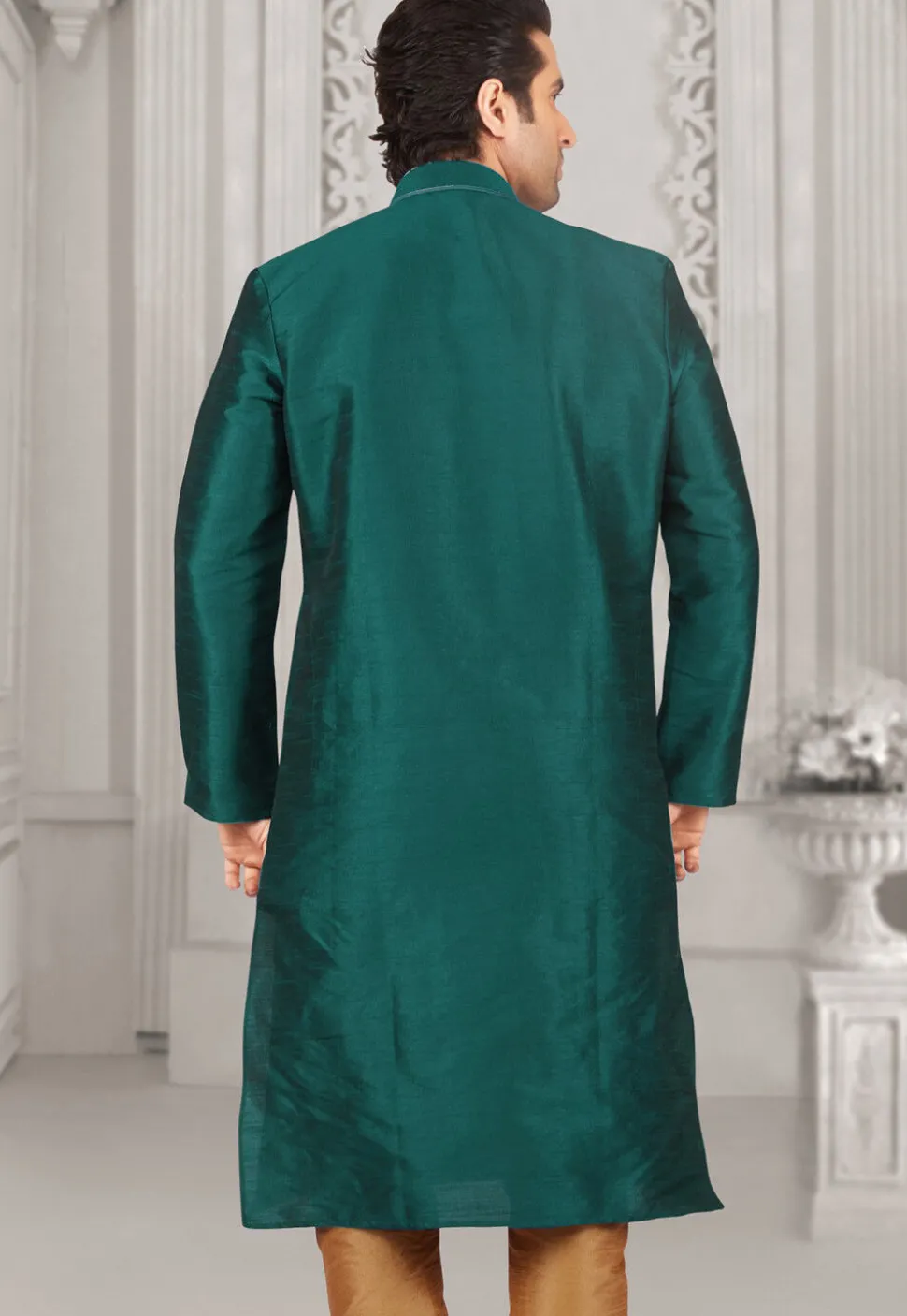 Embroidered Dupion Silk Kurta Set in Teal Green