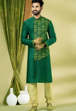 Embroidered Dupion Silk Kurta Set in Dark Green