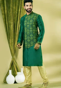 Embroidered Dupion Silk Kurta Set in Dark Green
