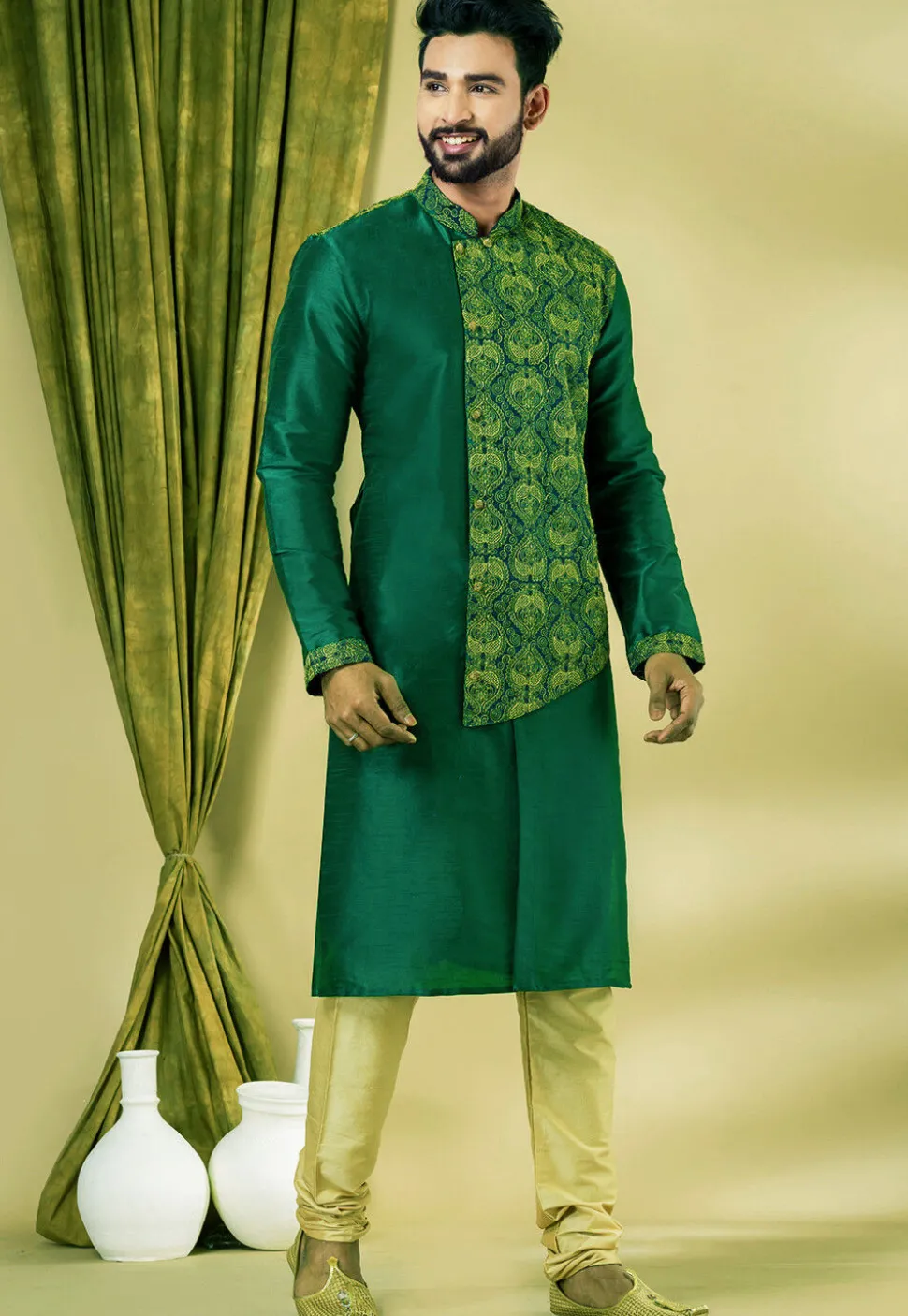 Embroidered Dupion Silk Kurta Set in Dark Green