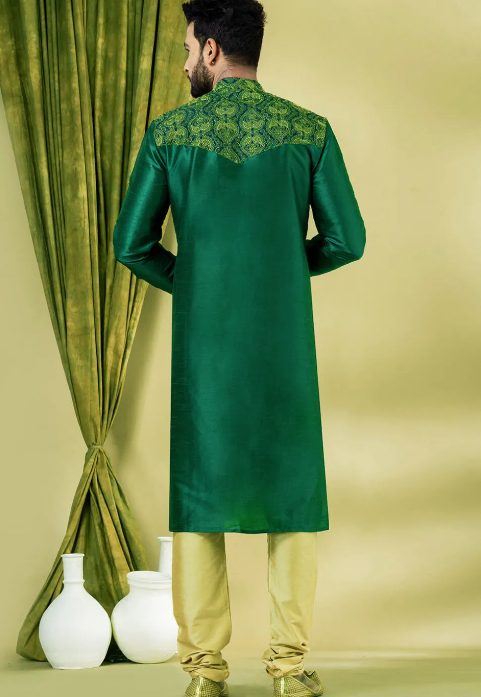 Embroidered Dupion Silk Kurta Set in Dark Green
