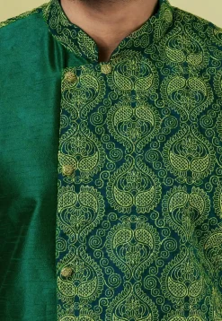 Embroidered Dupion Silk Kurta Set in Dark Green