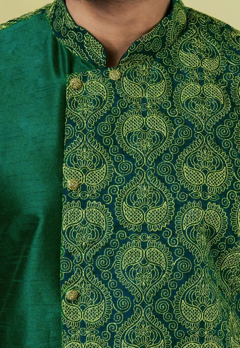 Embroidered Dupion Silk Kurta Set in Dark Green