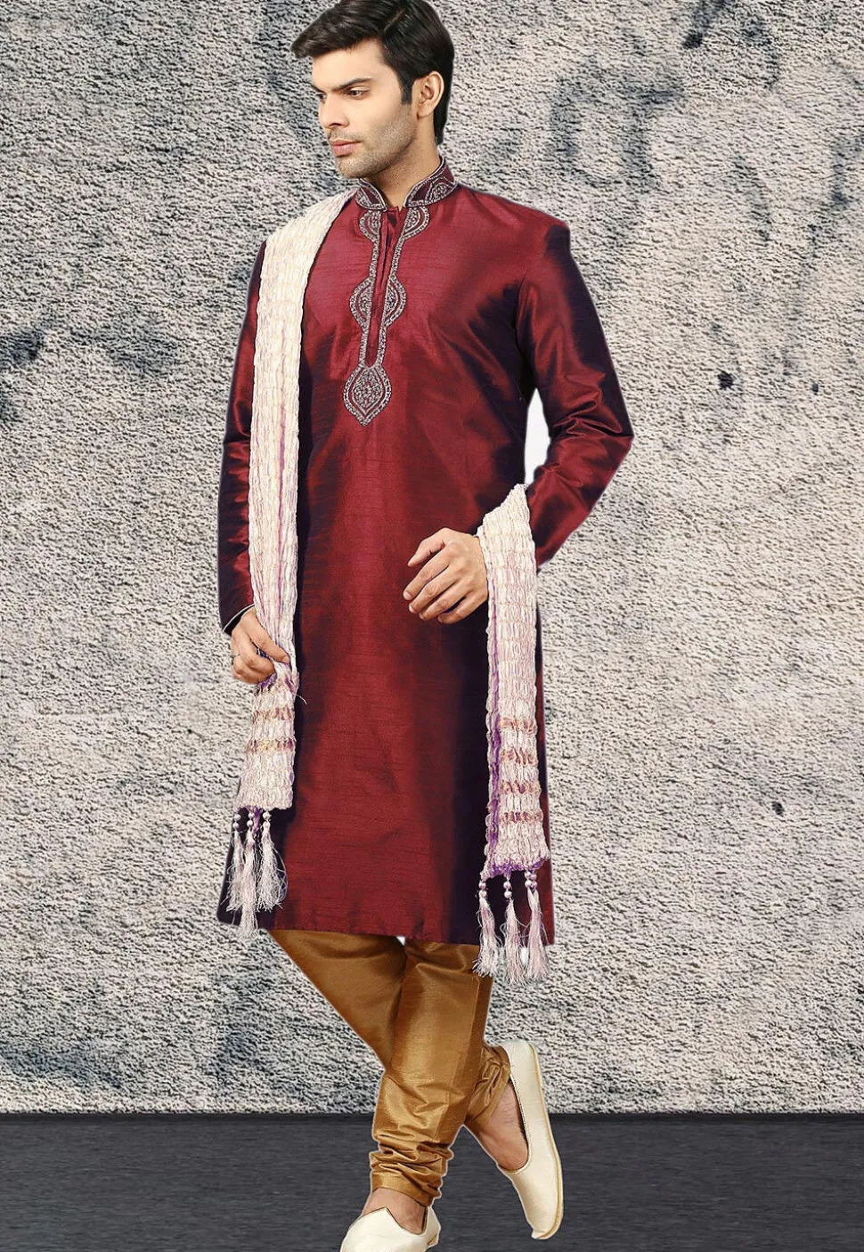 Embroidered Dupion Silk Kurta Set in Maroon
