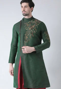 Embroidered Dupion Silk Kurta in Dark Green