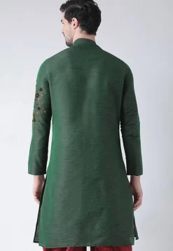 Embroidered Dupion Silk Kurta in Dark Green