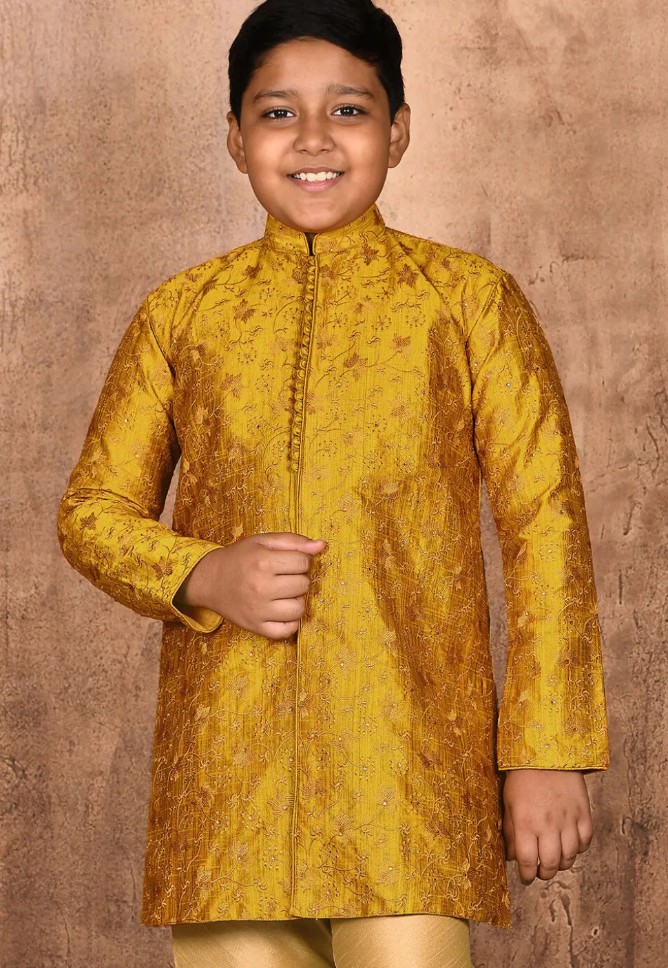 Embroidered Dupion Silk Kurta in Mustard