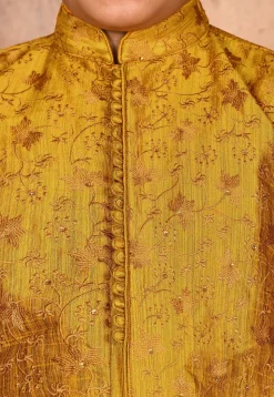 Embroidered Dupion Silk Kurta in Mustard