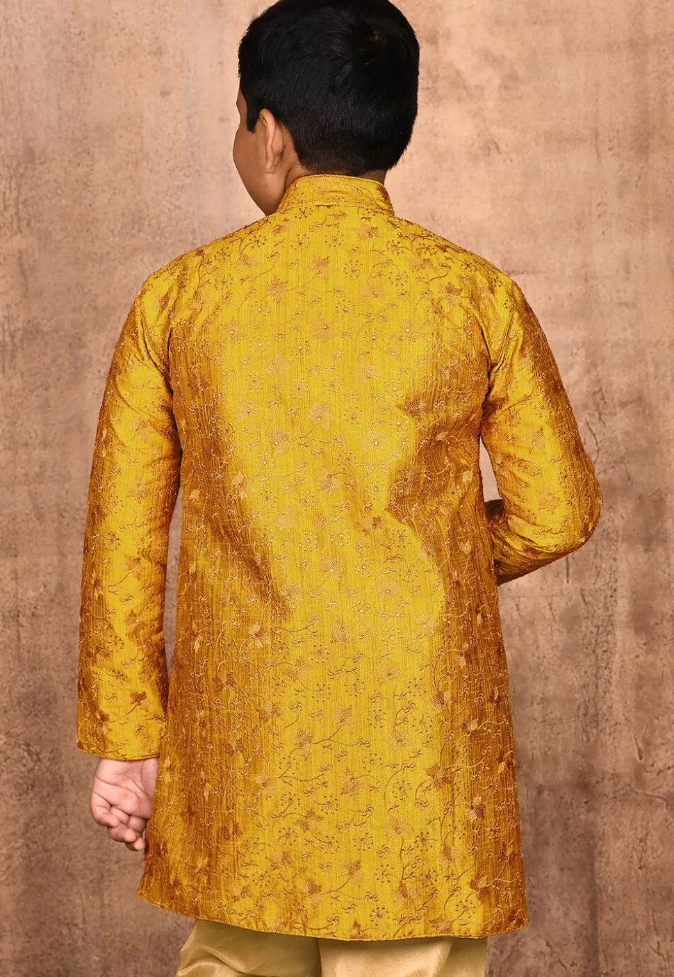 Embroidered Dupion Silk Kurta in Mustard