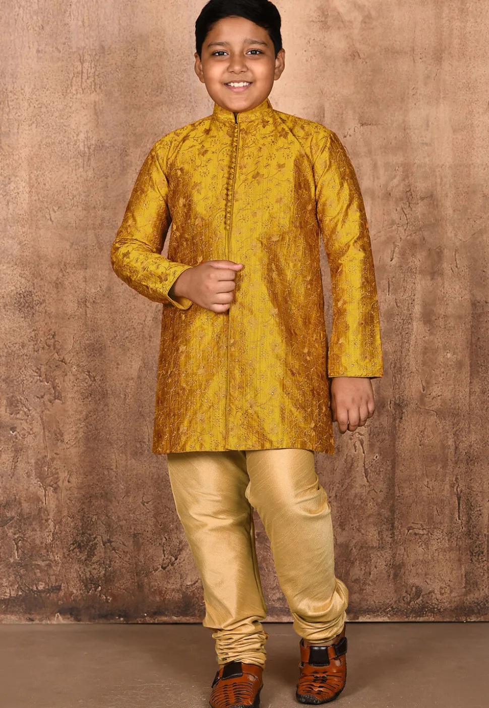 Embroidered Dupion Silk Kurta in Mustard