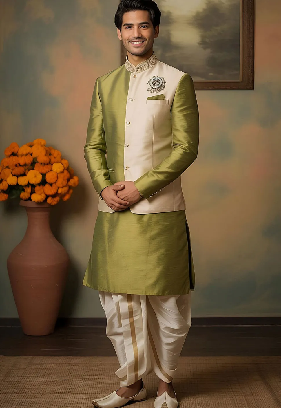 Embroidered Dupion Silk Kurta Set in Olive Green and Cream