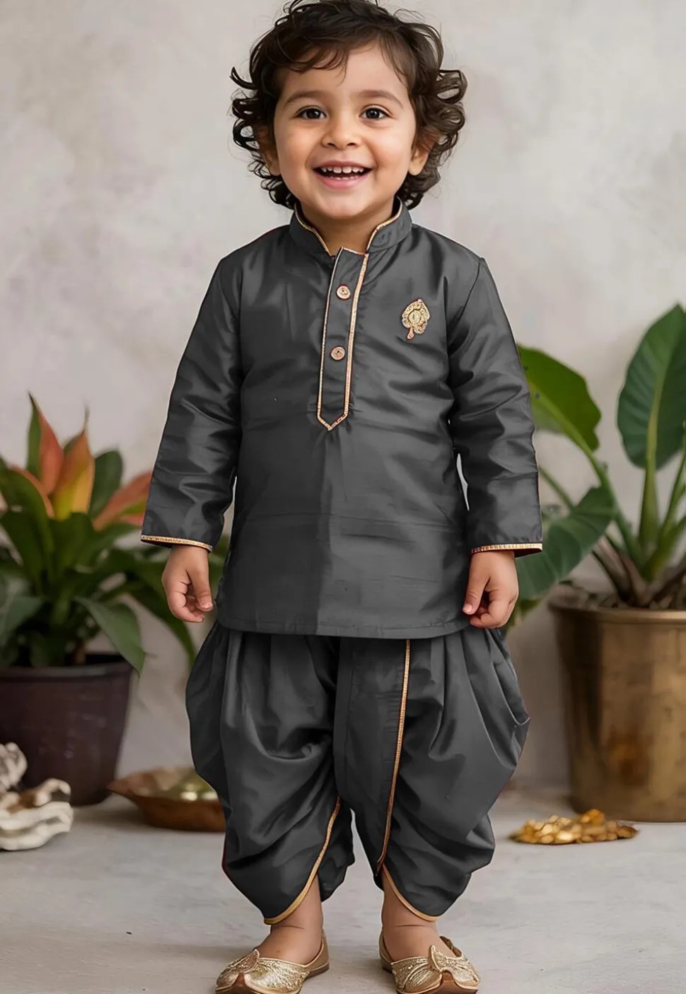 Embroidered Dupion Silk Kurta Set in Charcoal Black