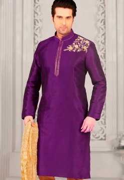 Embroidered Dupion Silk Kurta in Purple