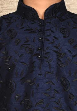 Embroidered Dupion Silk Kurta Set in Navy Blue