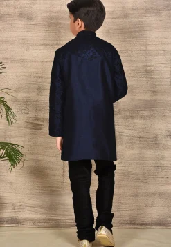 Embroidered Dupion Silk Kurta Set in Navy Blue