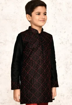 Embroidered Dupion Silk Kurta in Black