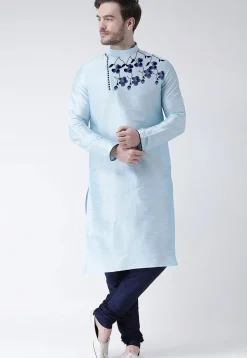 Embroidered Dupion Silk Kurta Set in Light Blue