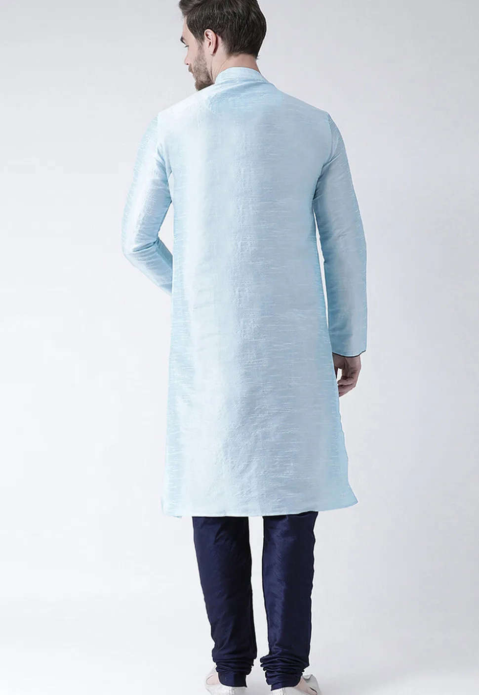 Embroidered Dupion Silk Kurta Set in Light Blue