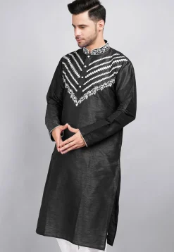 Embroidered Dupion Silk Kurta in Black