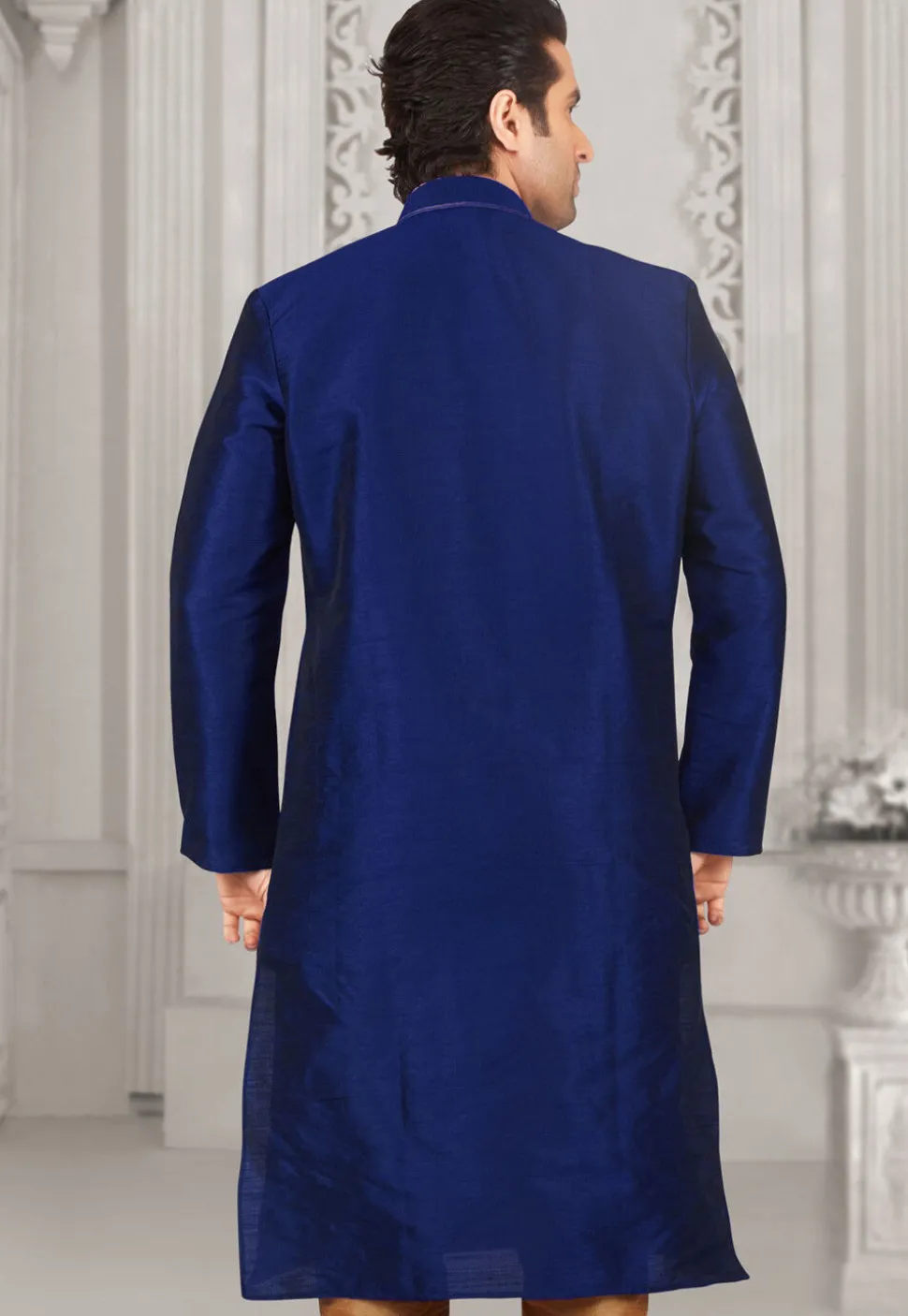 Embroidered Dupion Silk Kurta in Royal Blue