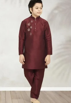 Embroidered Dupion Silk Kurta Set in Maroon