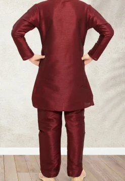 Embroidered Dupion Silk Kurta Set in Maroon