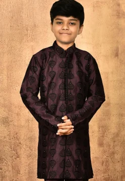 Embroidered Dupion Silk Kurta in Wine
