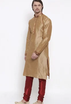 Embroidered Dupion Silk Kurta Set in Beige