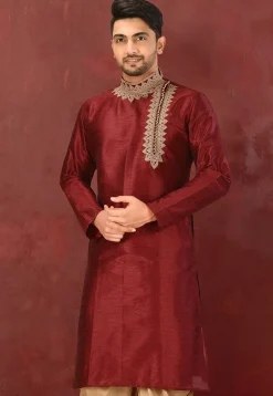 Embroidered Dupion Silk Kurta in Maroon