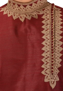 Embroidered Dupion Silk Kurta in Maroon