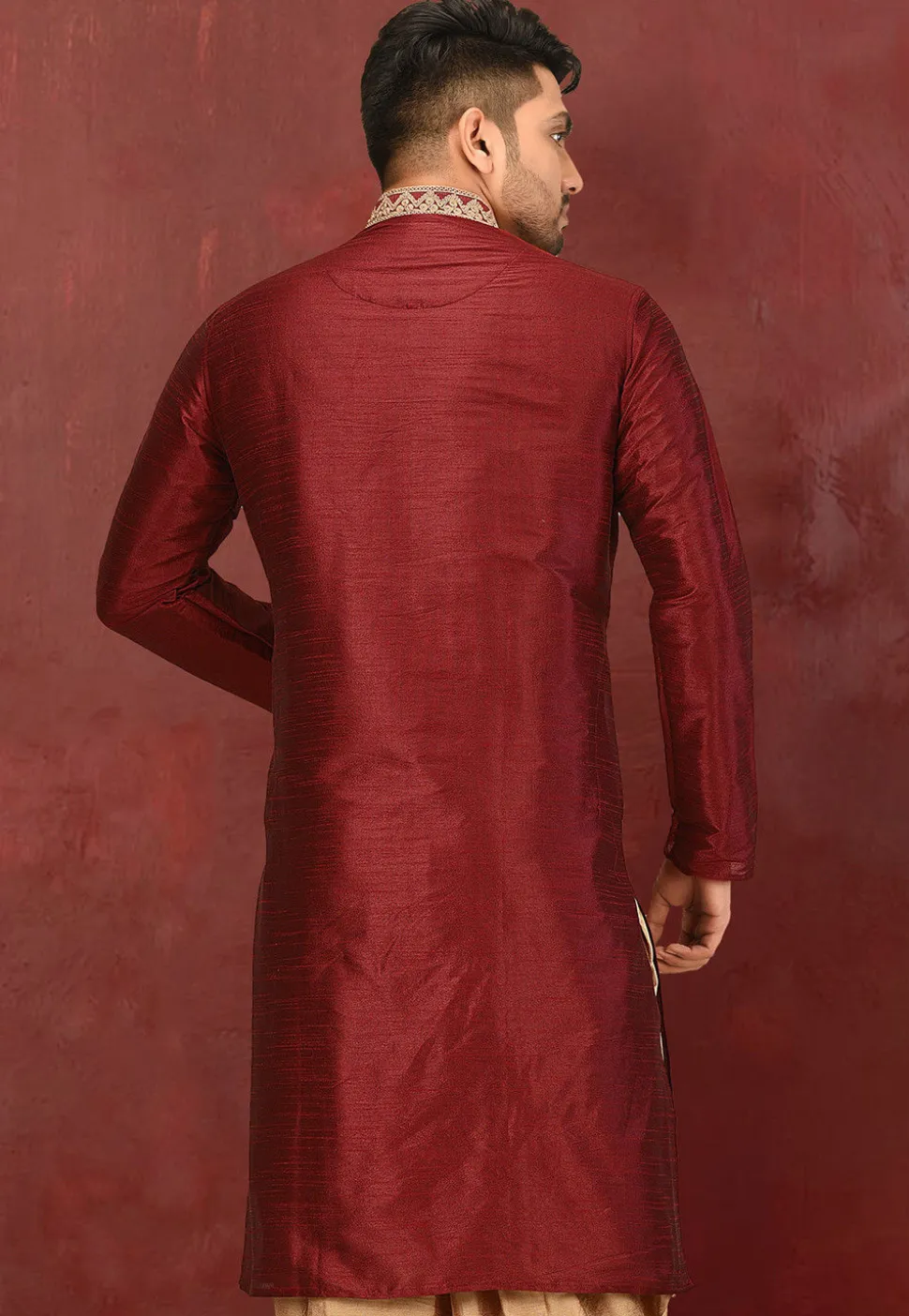 Embroidered Dupion Silk Kurta in Maroon