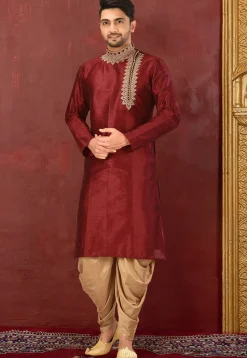 Embroidered Dupion Silk Kurta in Maroon