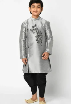 Embroidered Dupion Silk Kurta Set in Grey