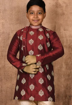 Embroidered Dupion Silk Kurta in Maroon